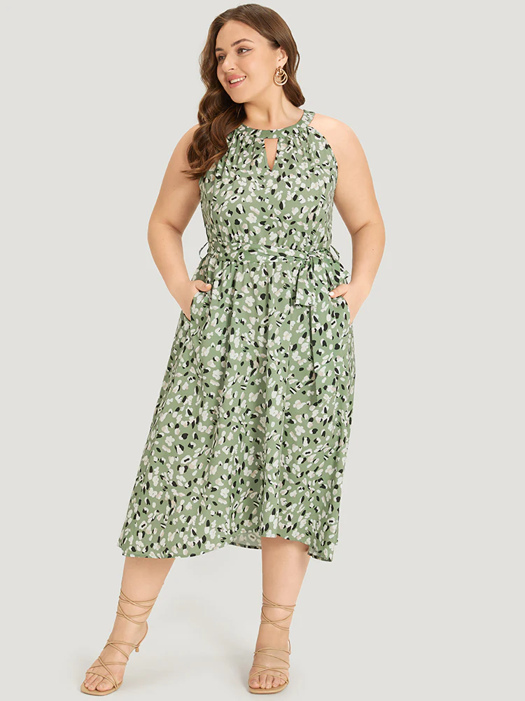 Allover Print Halter Keyhole Pocket Belted Ties Dress - Image 3