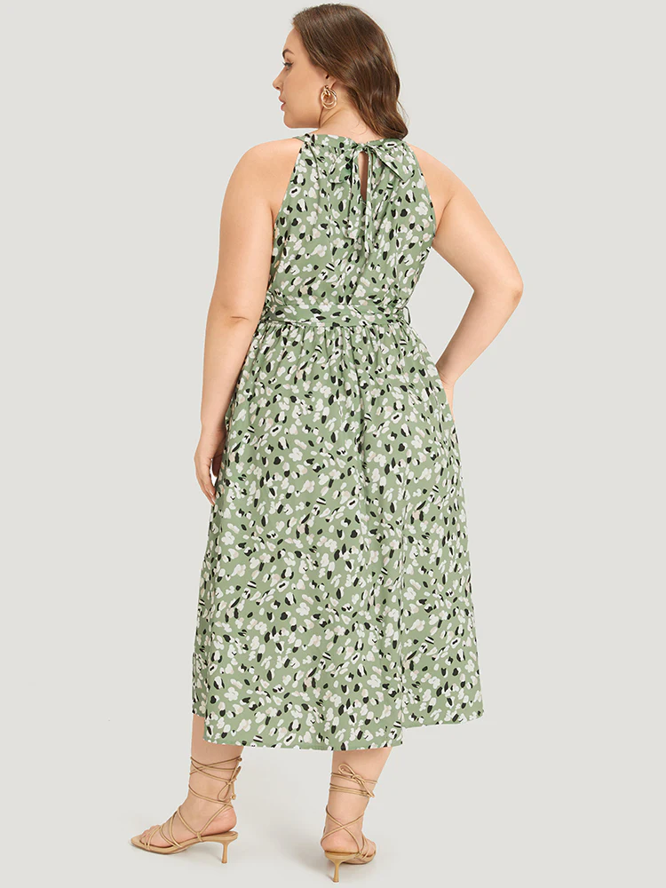 Allover Print Halter Keyhole Pocket Belted Ties Dress - Image 4