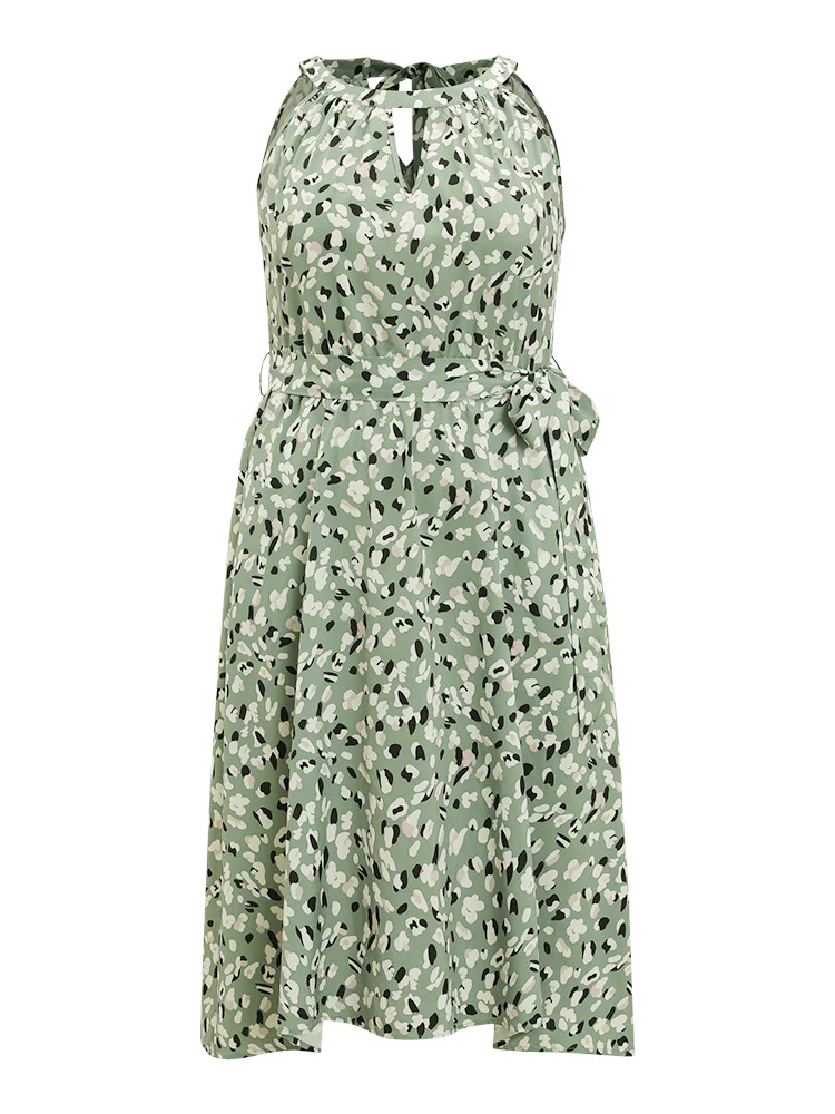 Allover Print Halter Keyhole Pocket Belted Ties Dress - Image 8
