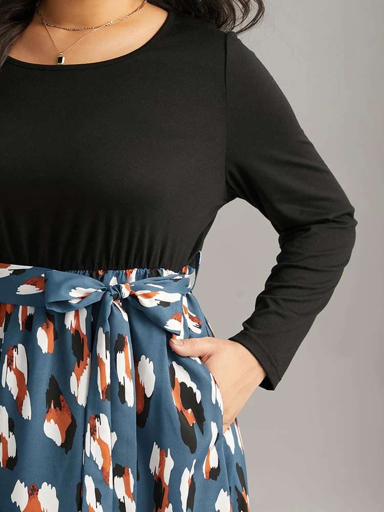Allover Print Patchwork Belted Pocket Dress - Image 4
