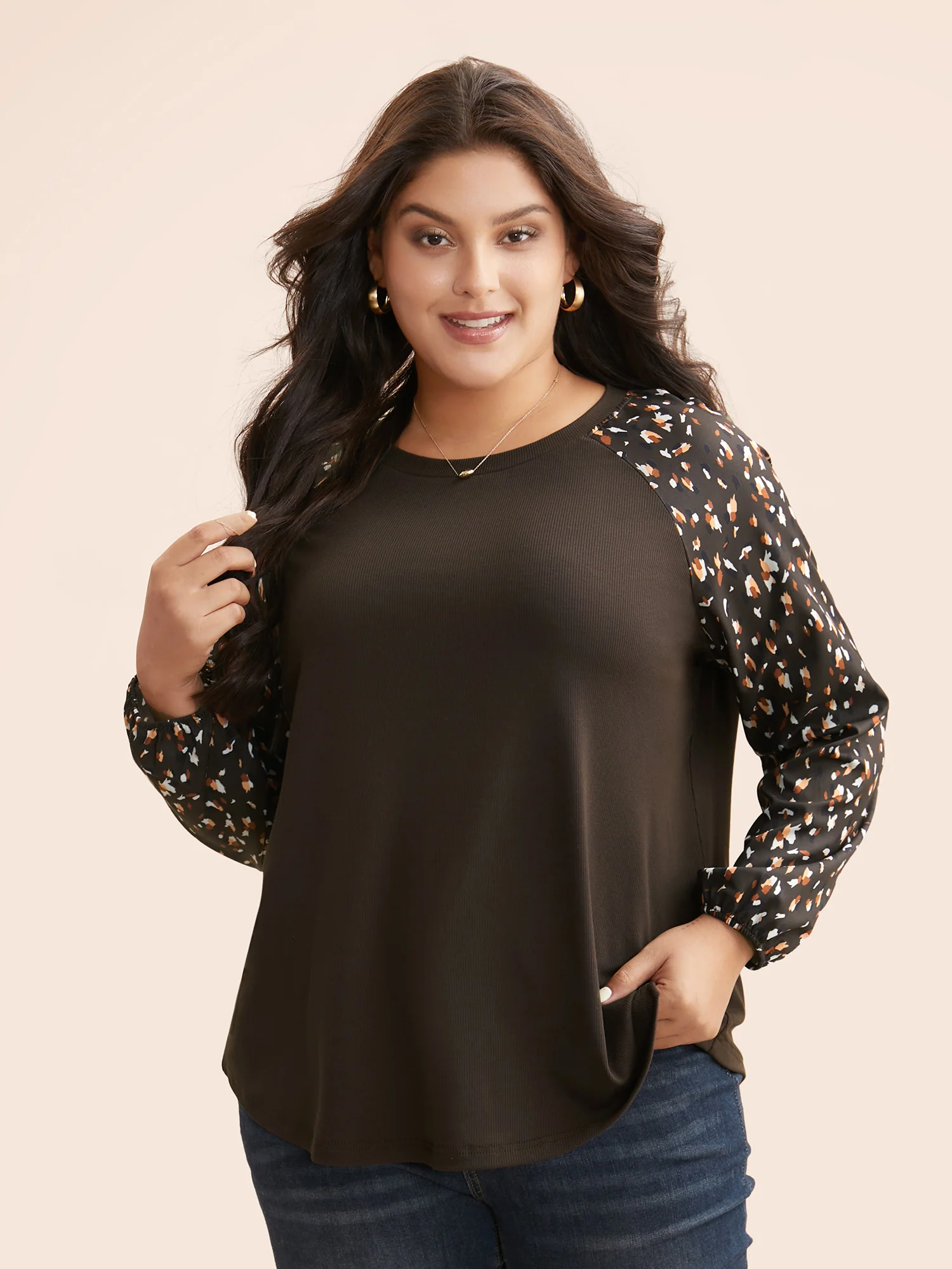 Allover Print Patchwork Raglan Sleeve T-shirt - Image 2