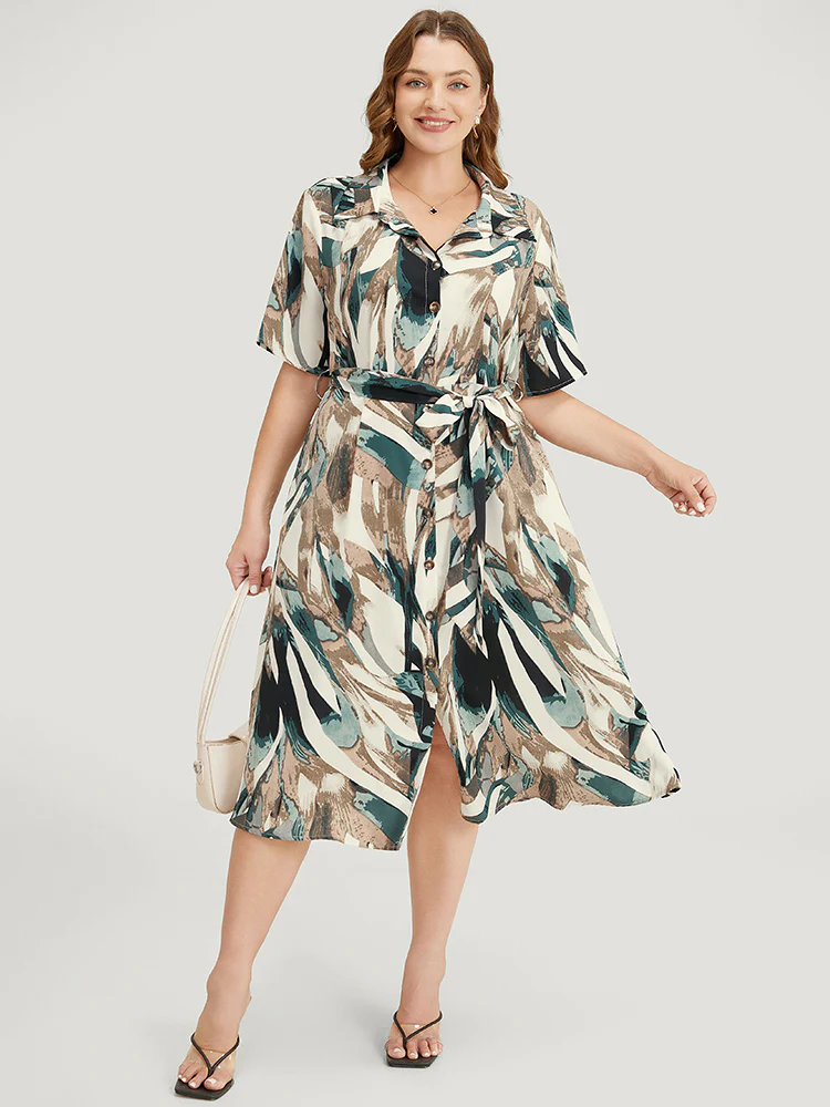 Allover Print Pocket Button Up Belted Shirt Collar Dress - Image 2