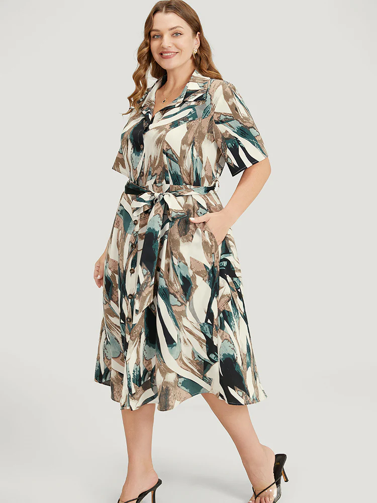 Allover Print Pocket Button Up Belted Shirt Collar Dress - Image 3