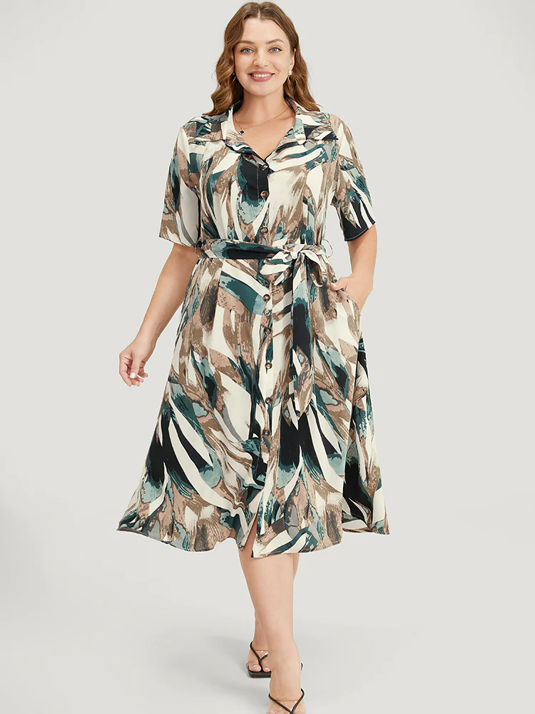 Allover Print Pocket Button Up Belted Shirt Collar Dress - Image 4