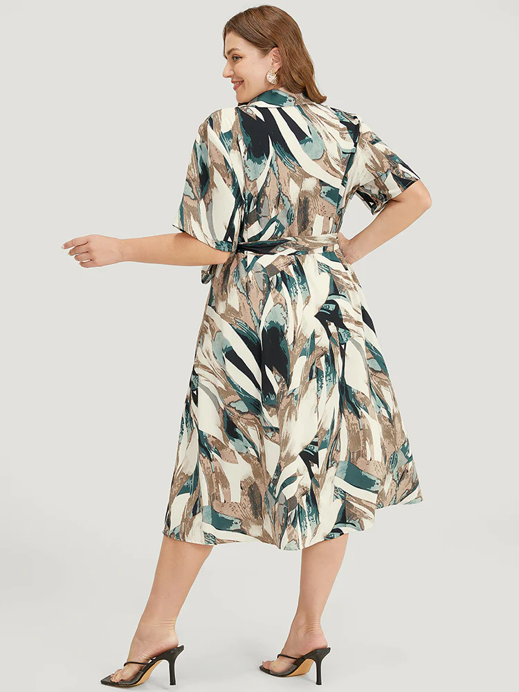 Allover Print Pocket Button Up Belted Shirt Collar Dress - Image 5