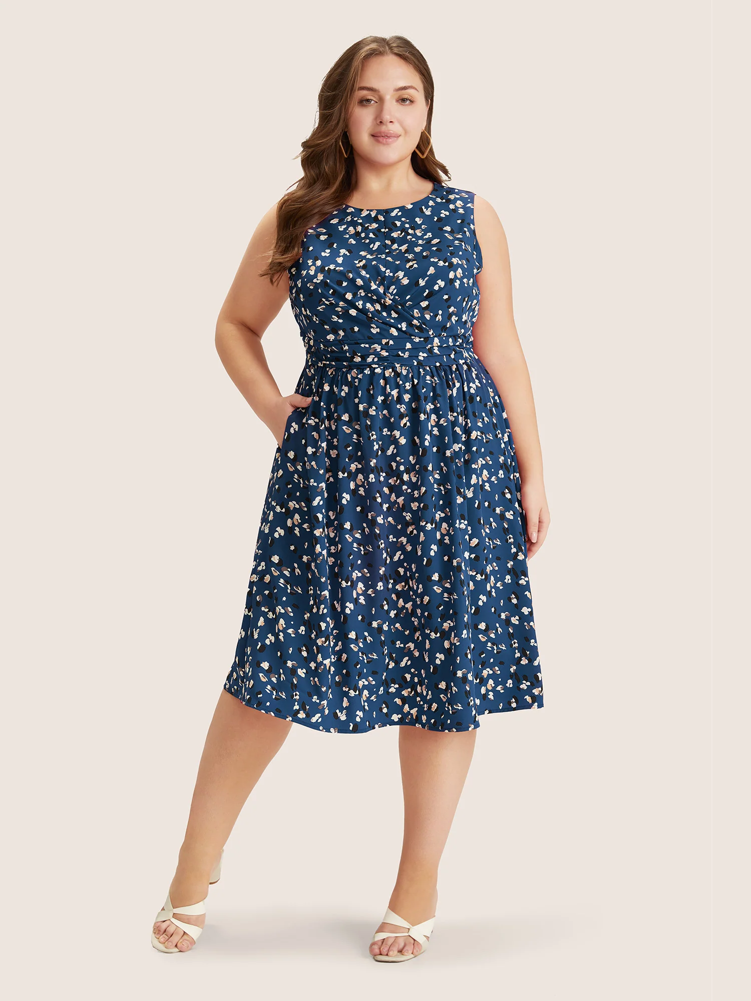 Allover Print Pocket Flutter Crossover Ruched Tank Dress - Image 3