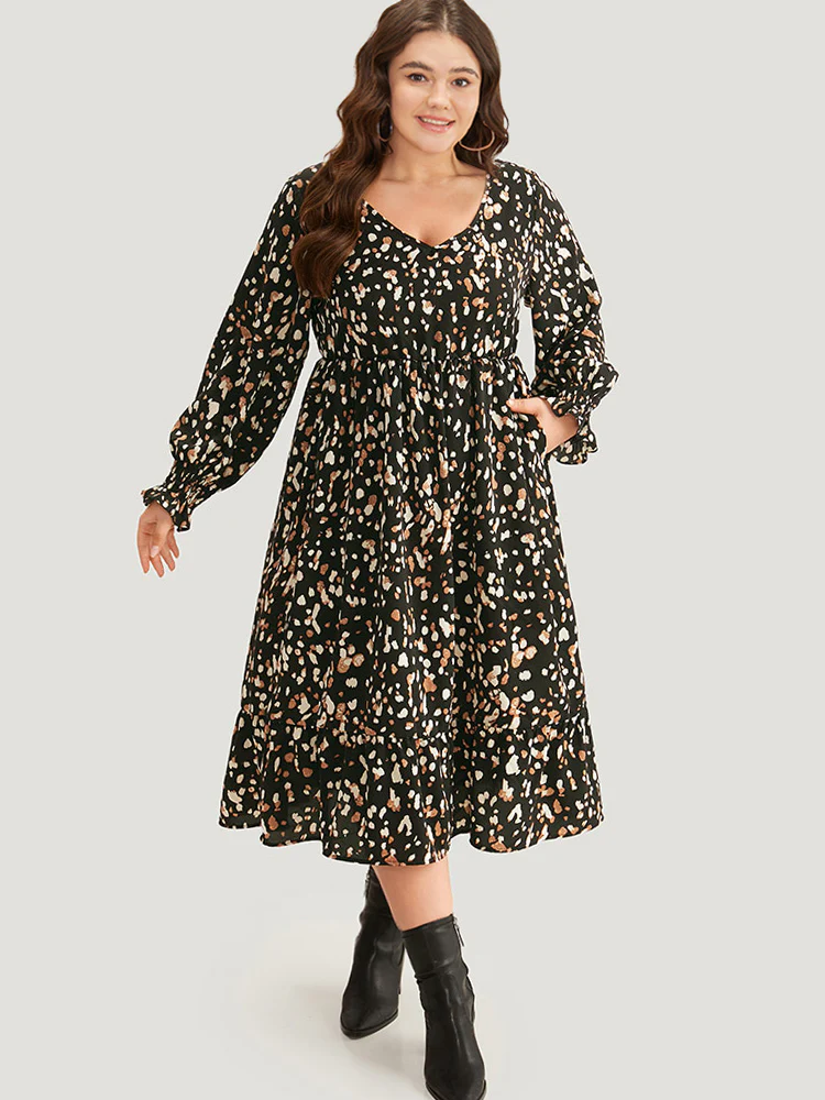 Allover Print Pocket Lantern Sleeve Dress - Image 3