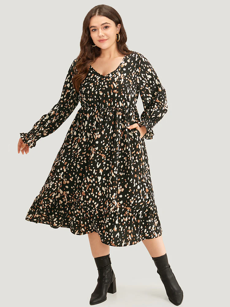 Allover Print Pocket Lantern Sleeve Dress - Image 4