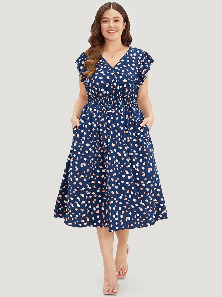 Allover Print Pocket Wrap Flutter Cap Sleeve Dress - Image 2