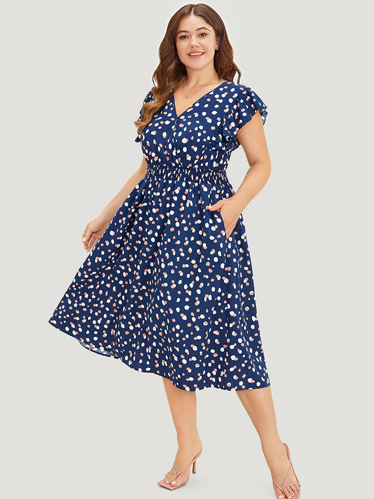 Allover Print Pocket Wrap Flutter Cap Sleeve Dress - Image 4