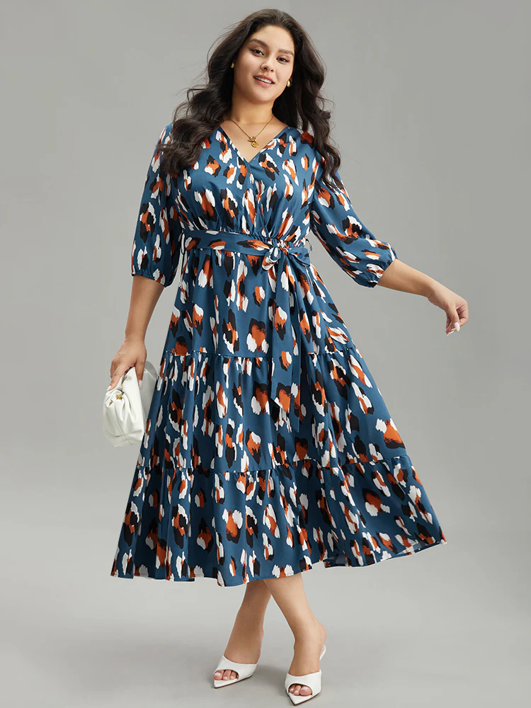 Allover Print Ruffle Layered Hem Wrap Belted Dress