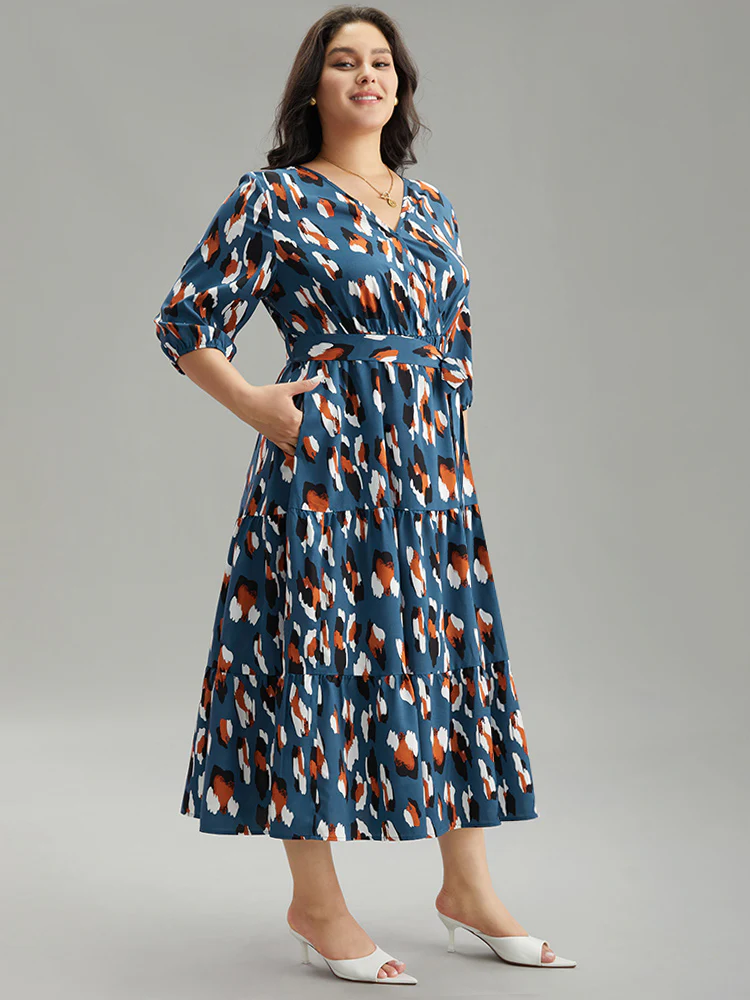 Allover Print Ruffle Layered Hem Wrap Belted Dress - Image 2