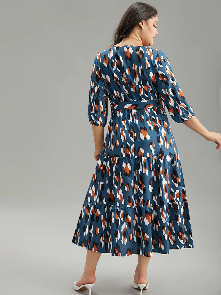 Allover Print Ruffle Layered Hem Wrap Belted Dress - Image 3