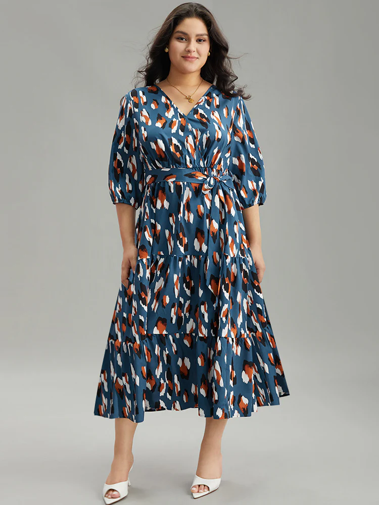 Allover Print Ruffle Layered Hem Wrap Belted Dress - Image 4