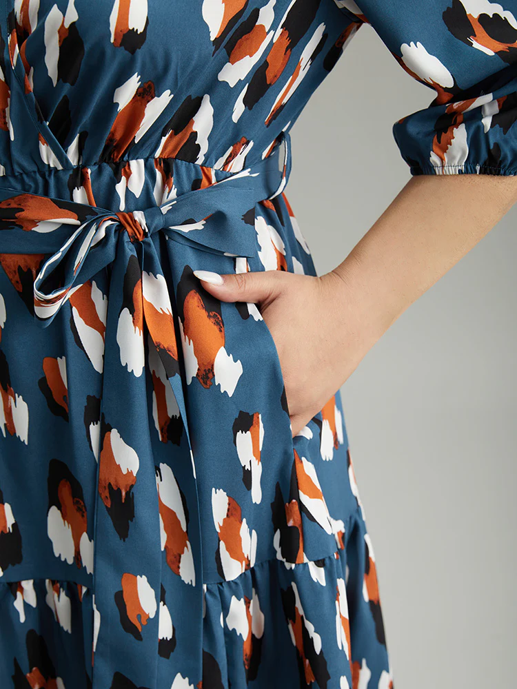 Allover Print Ruffle Layered Hem Wrap Belted Dress - Image 6