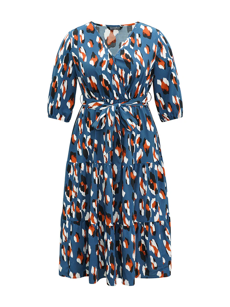 Allover Print Ruffle Layered Hem Wrap Belted Dress - Image 7