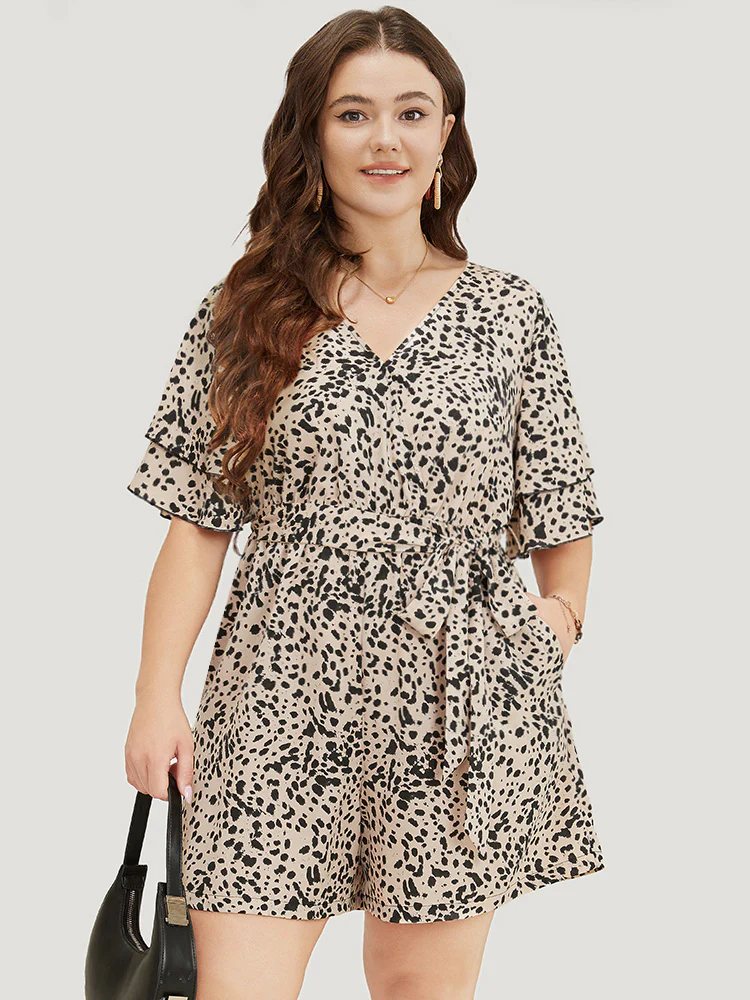 Allover Print Ruffle Layered Sleeve Pocket Belted Jumpsuit - Image 3
