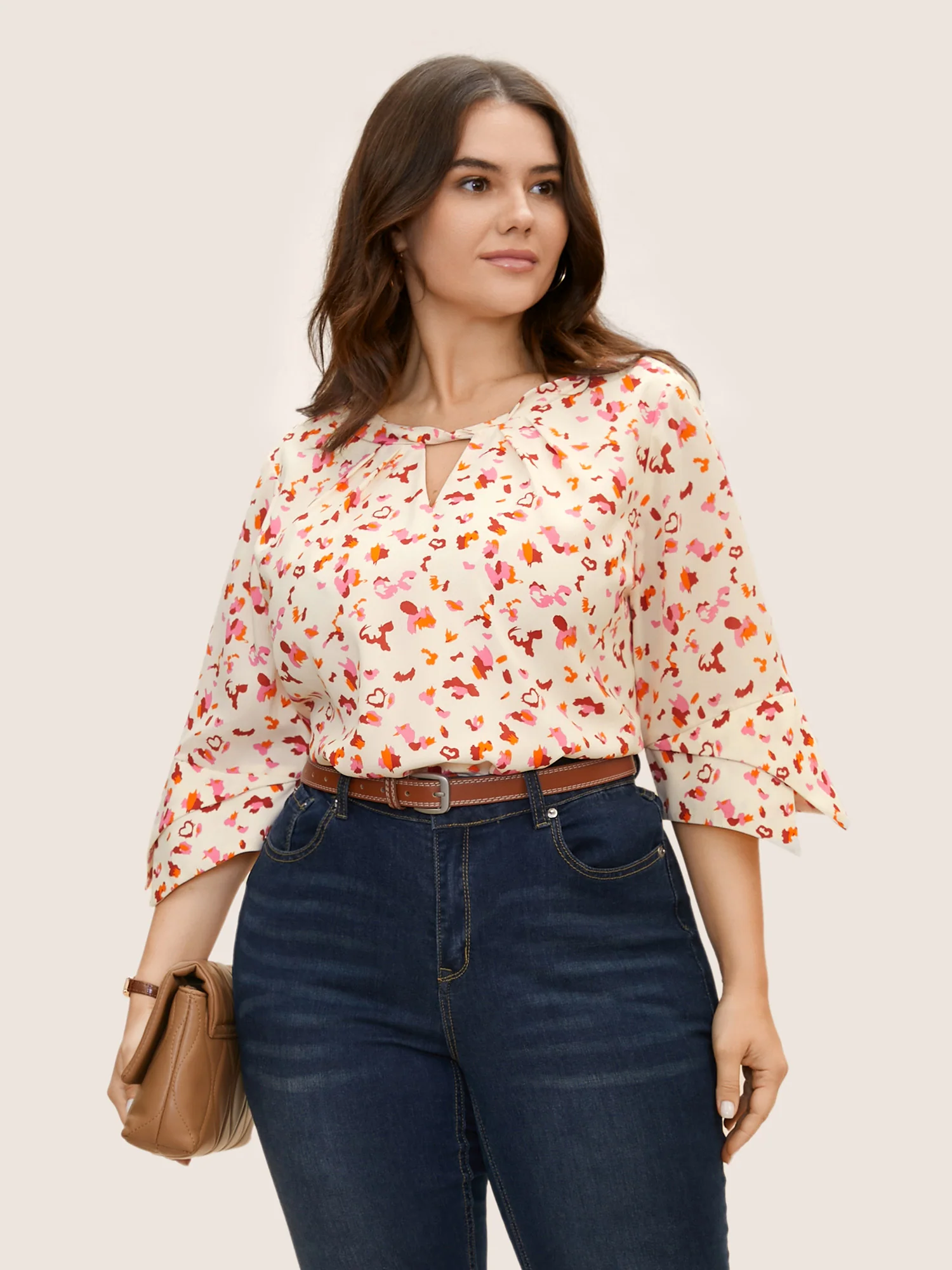 Allover Print Ruffle Sleeve Keyhole Blouse - Image 2