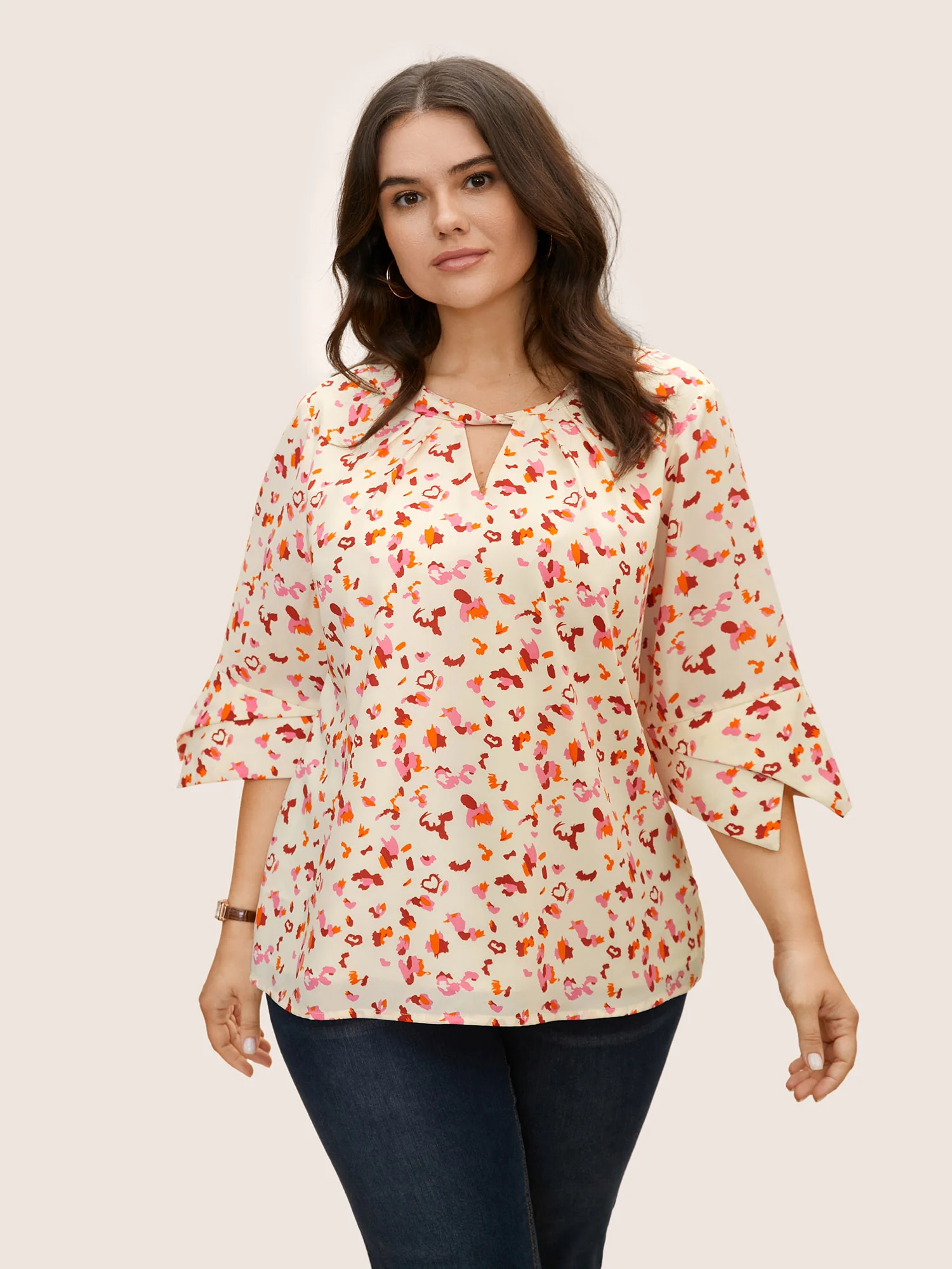 Allover Print Ruffle Sleeve Keyhole Blouse - Image 3