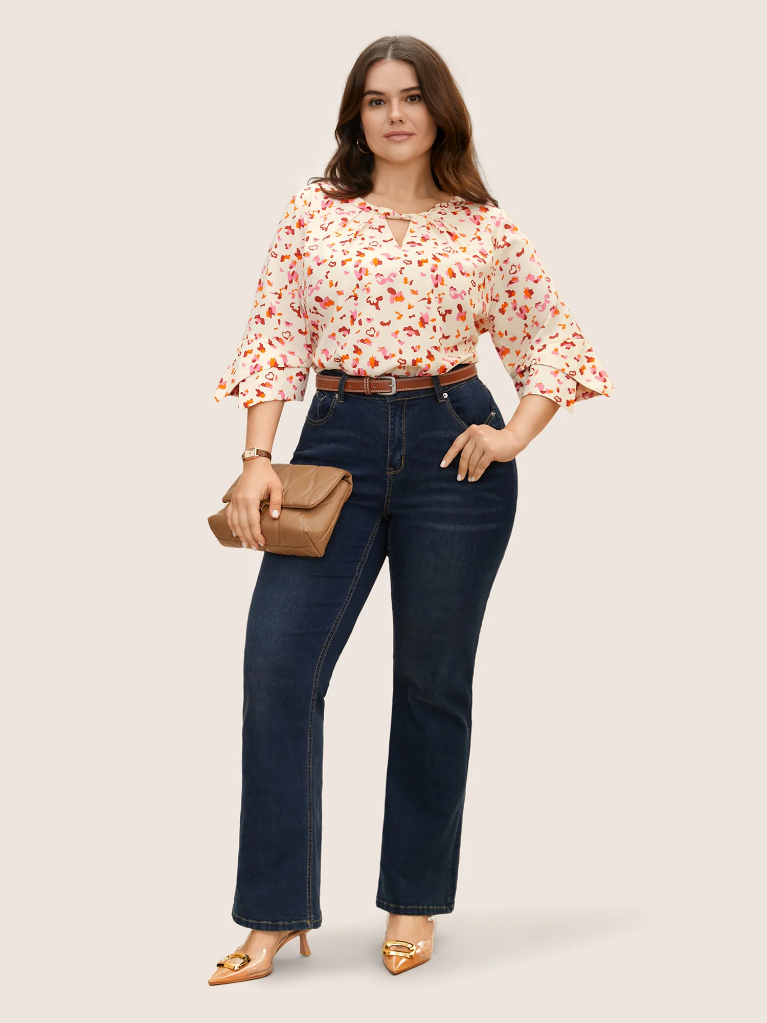 Allover Print Ruffle Sleeve Keyhole Blouse - Image 4