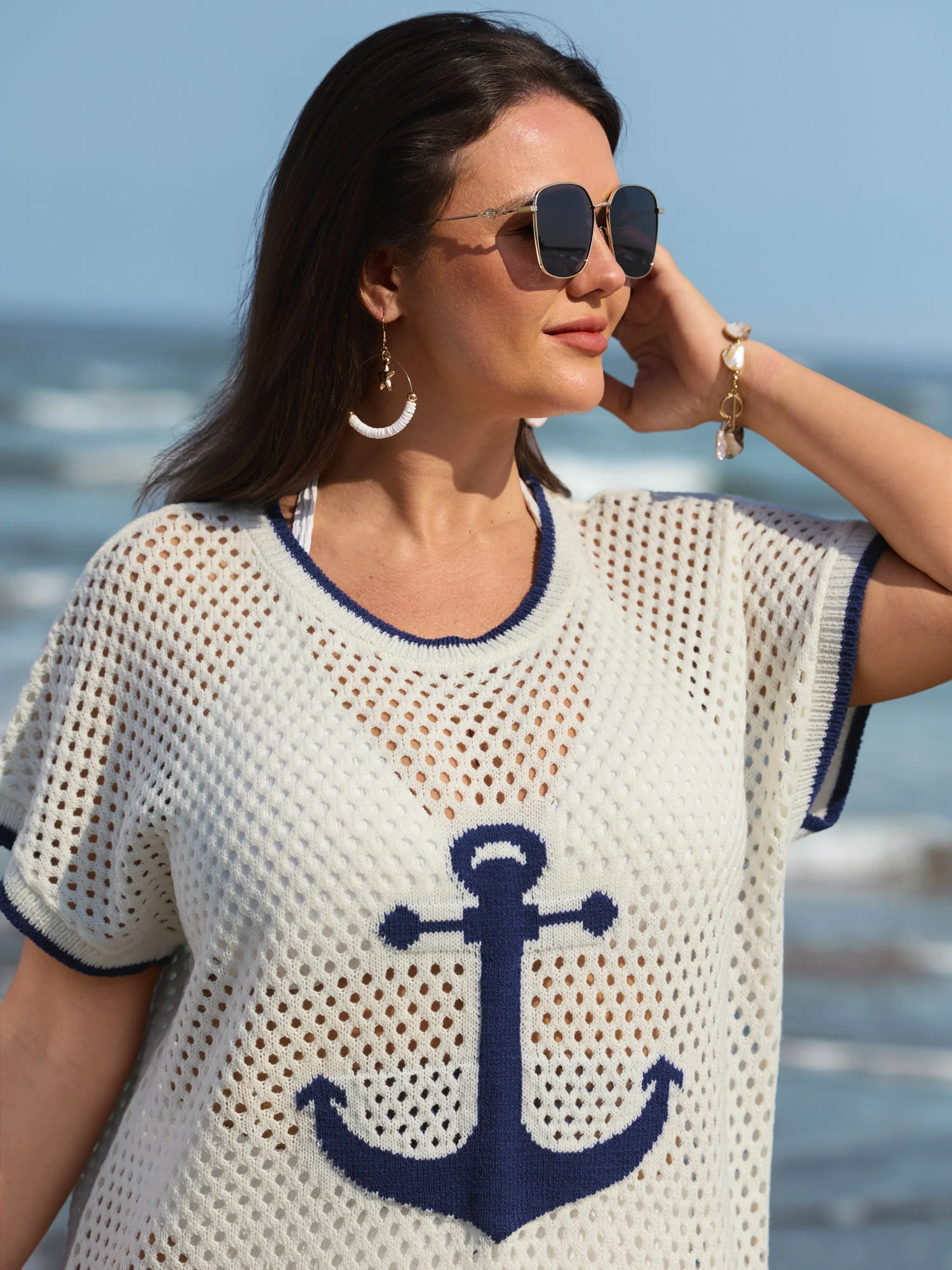 Anchor Print Jacquard Color Contrast Swim Cover-Up - Image 2