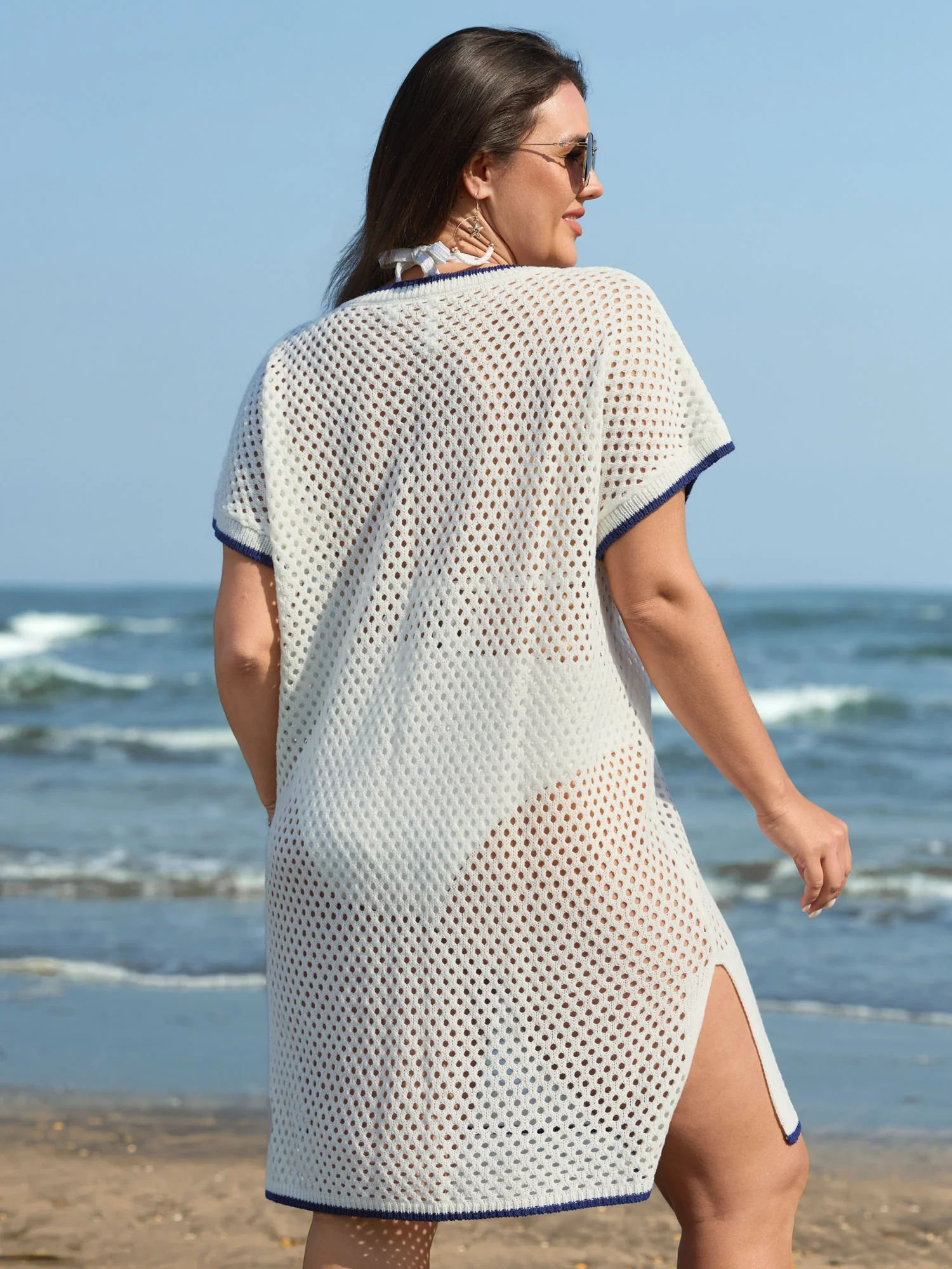 Anchor Print Jacquard Color Contrast Swim Cover-Up - Image 4