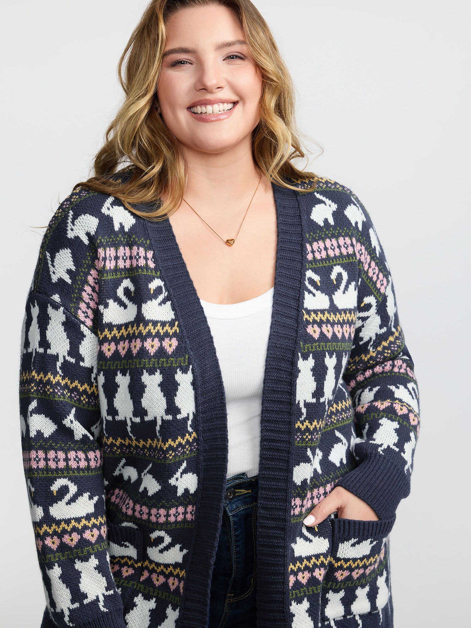 Animal Jacquard Pattern Pockets Knit Cardigan - Image 2