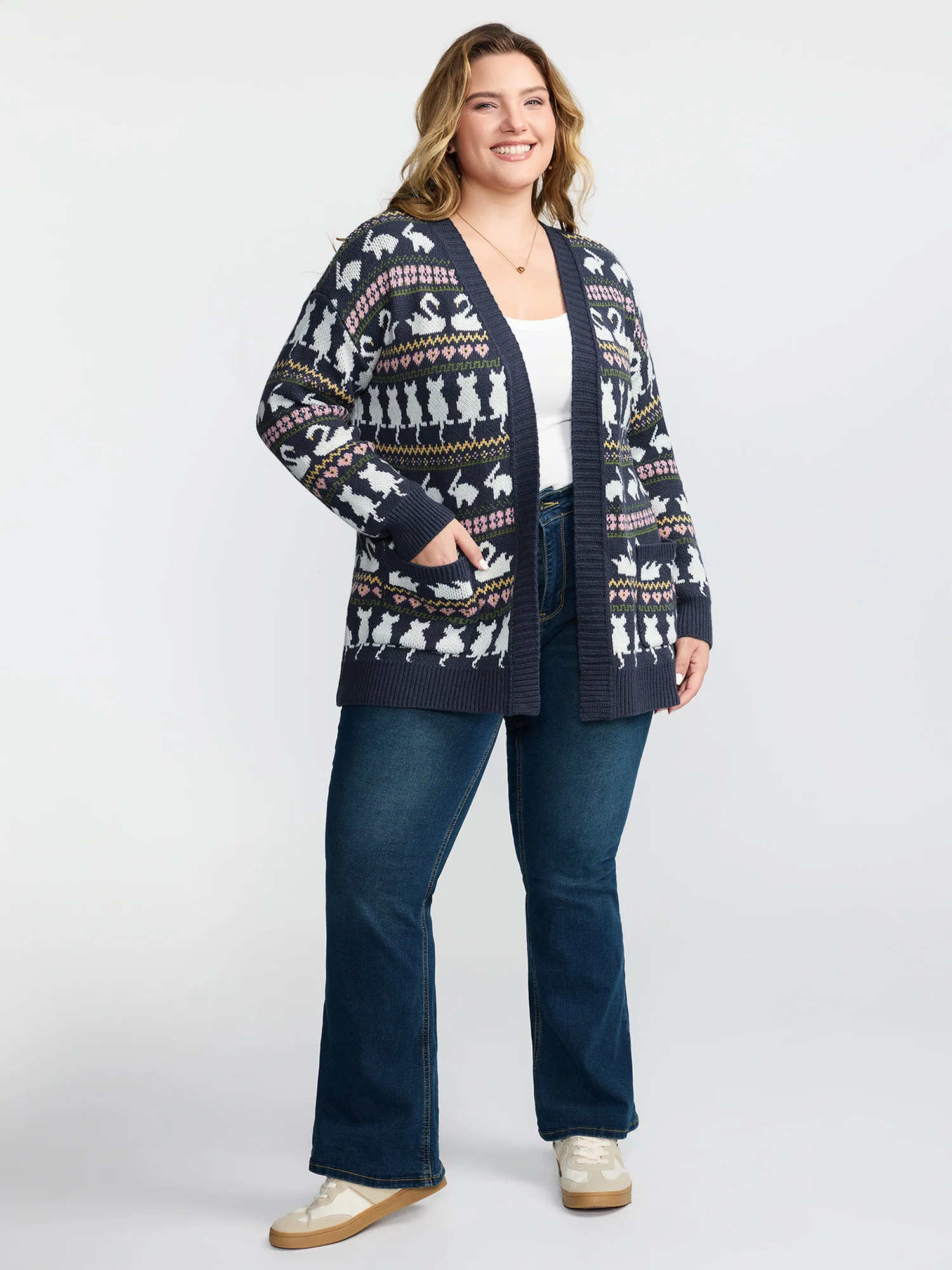 Animal Jacquard Pattern Pockets Knit Cardigan - Image 3