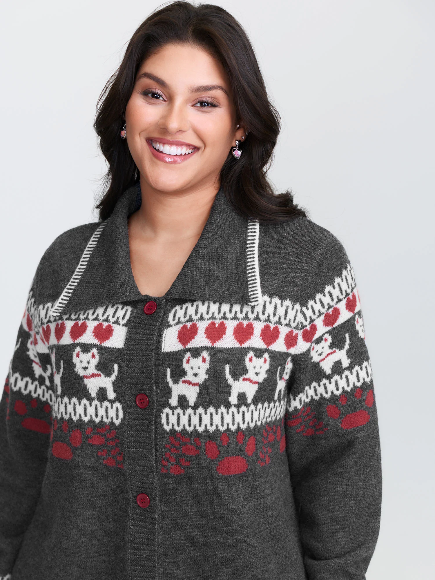 Animal Print Jacquard Polo Collar Knit Cardigan - Image 2