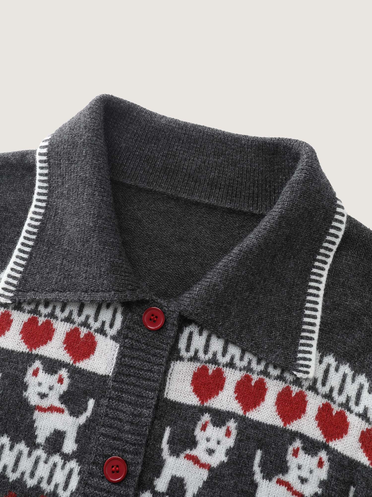 Animal Print Jacquard Polo Collar Knit Cardigan - Image 5
