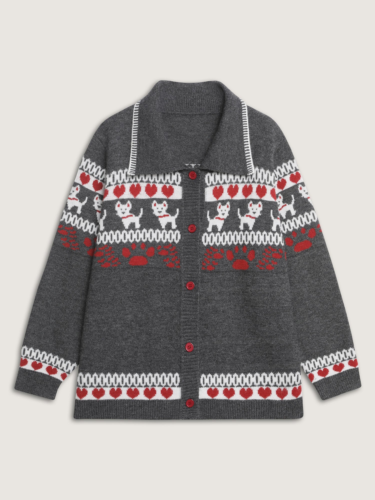 Animal Print Jacquard Polo Collar Knit Cardigan - Image 8