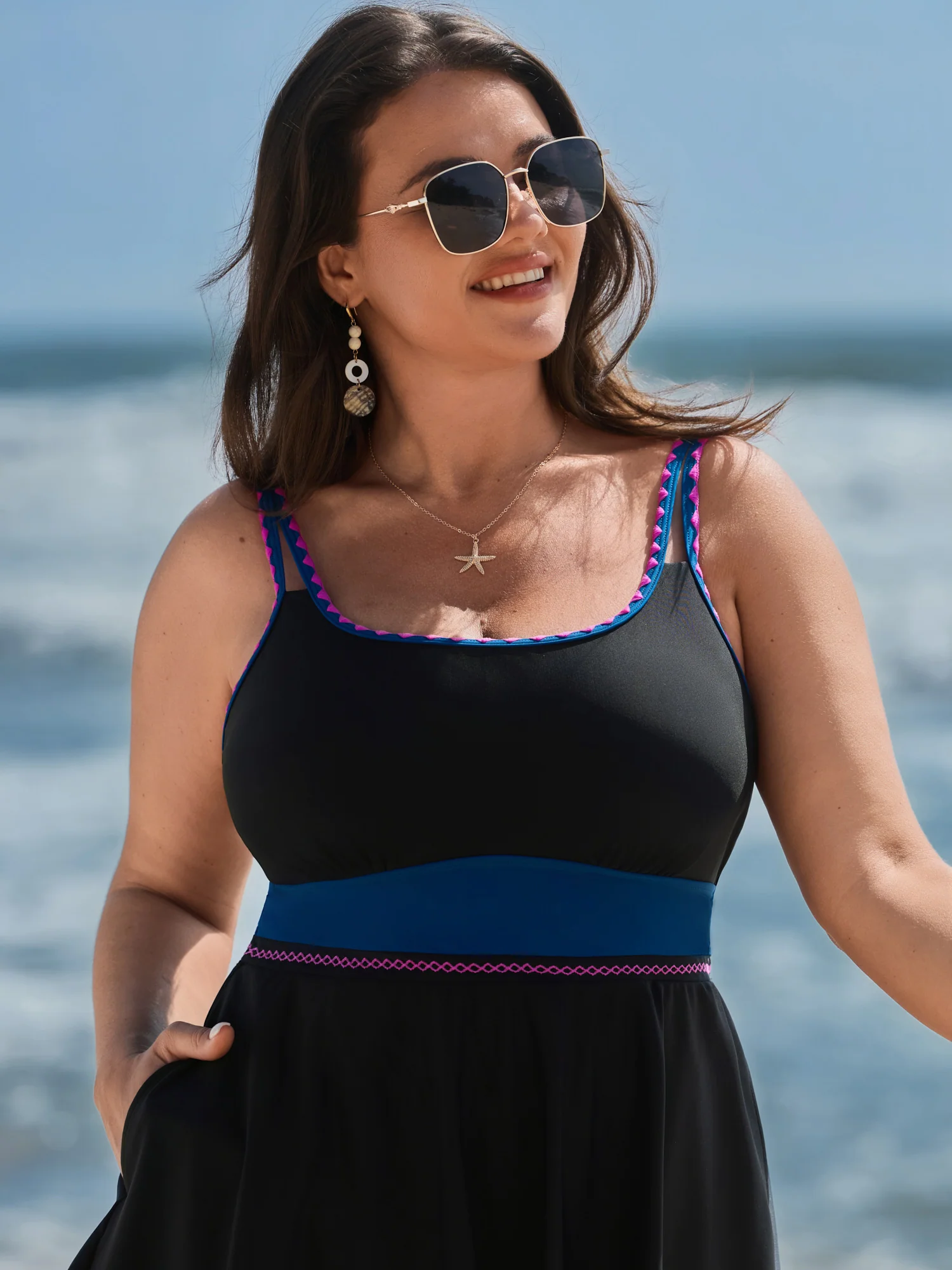 Anti-Float Tie Lace Pockets Swim Dress - Image 2