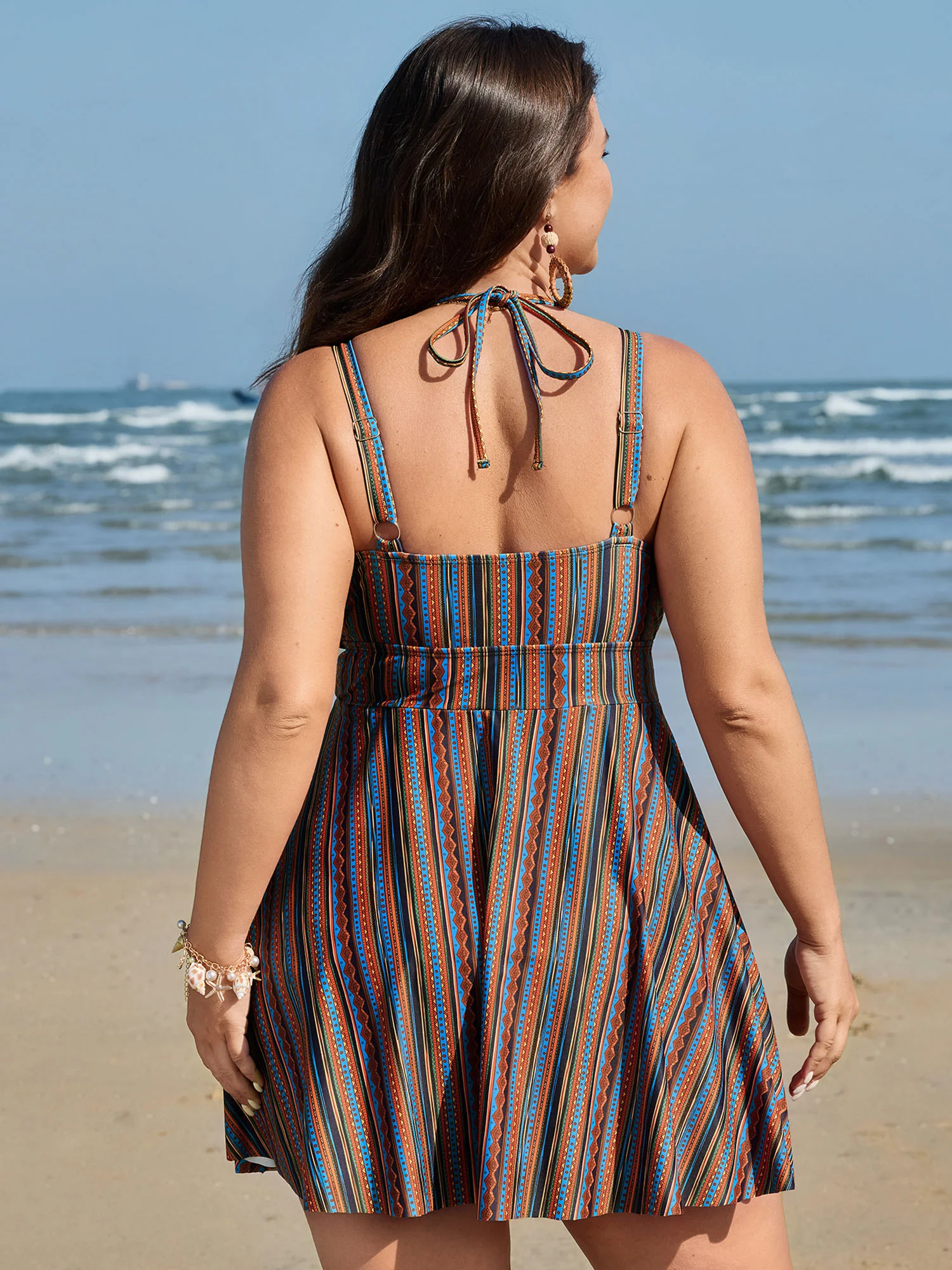 Anti-Float Ties Stripe Print Swim Dress - Image 5
