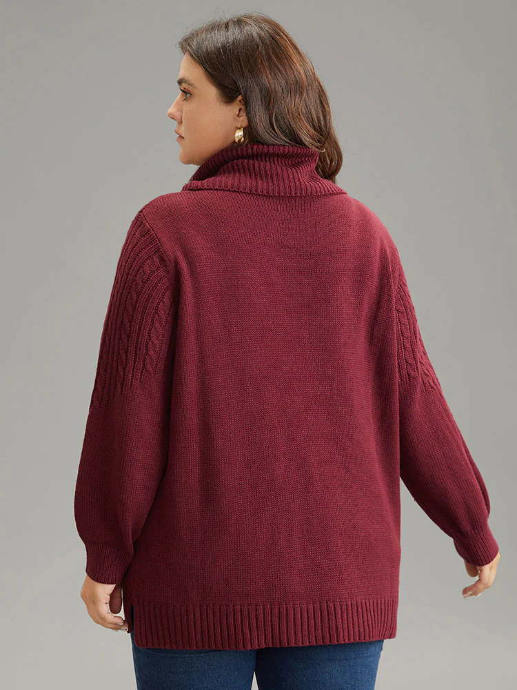 Anti-Pilling Cable Knit Turtle Neck Patchwork Pullover - Image 2