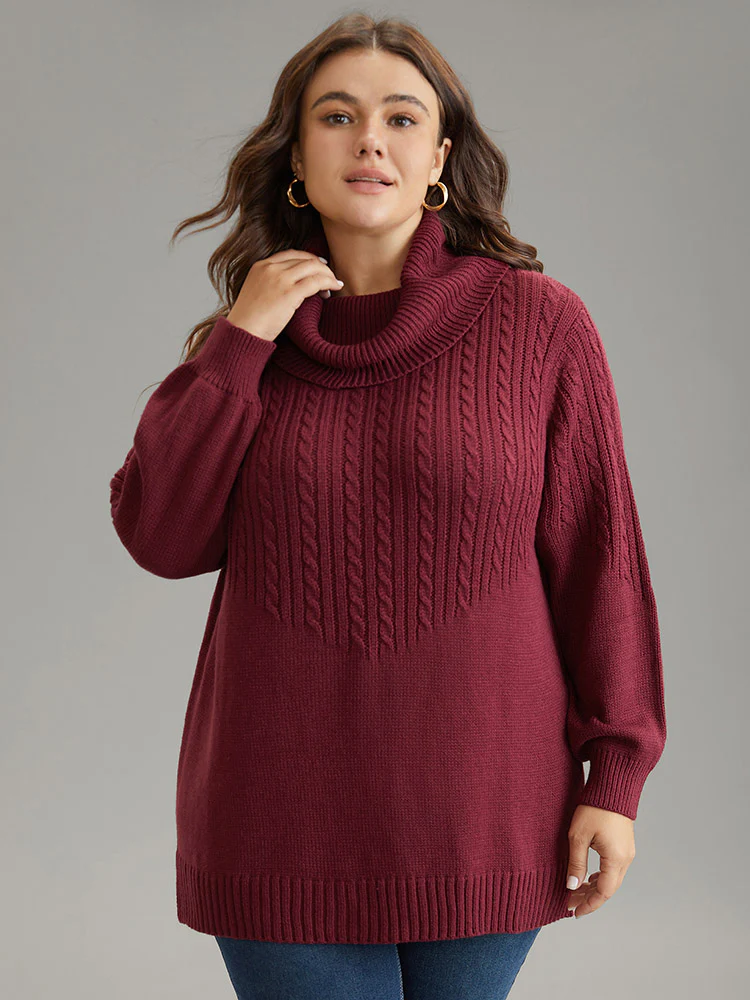 Anti-Pilling Cable Knit Turtle Neck Patchwork Pullover - Image 3