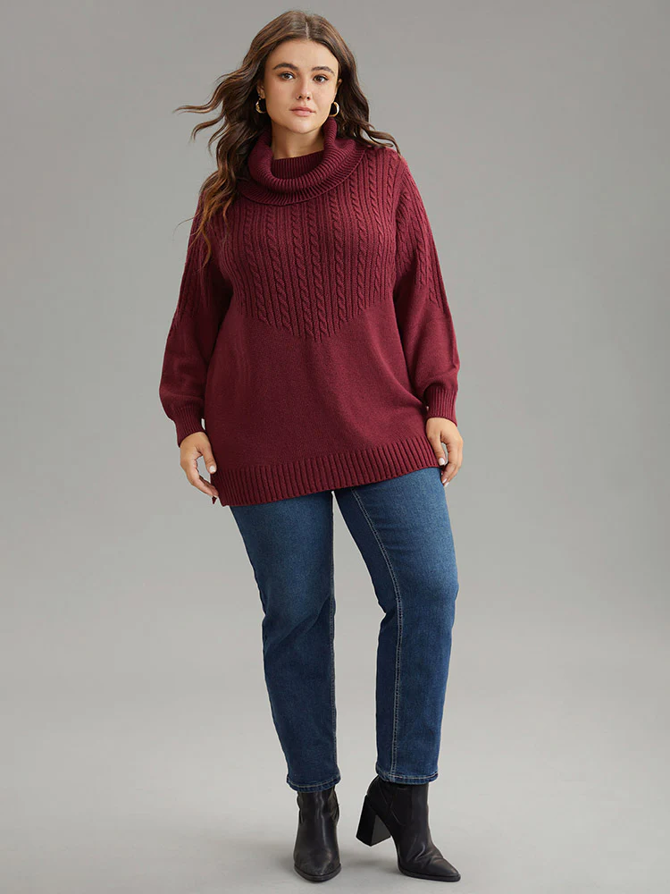 Anti-Pilling Cable Knit Turtle Neck Patchwork Pullover - Image 4