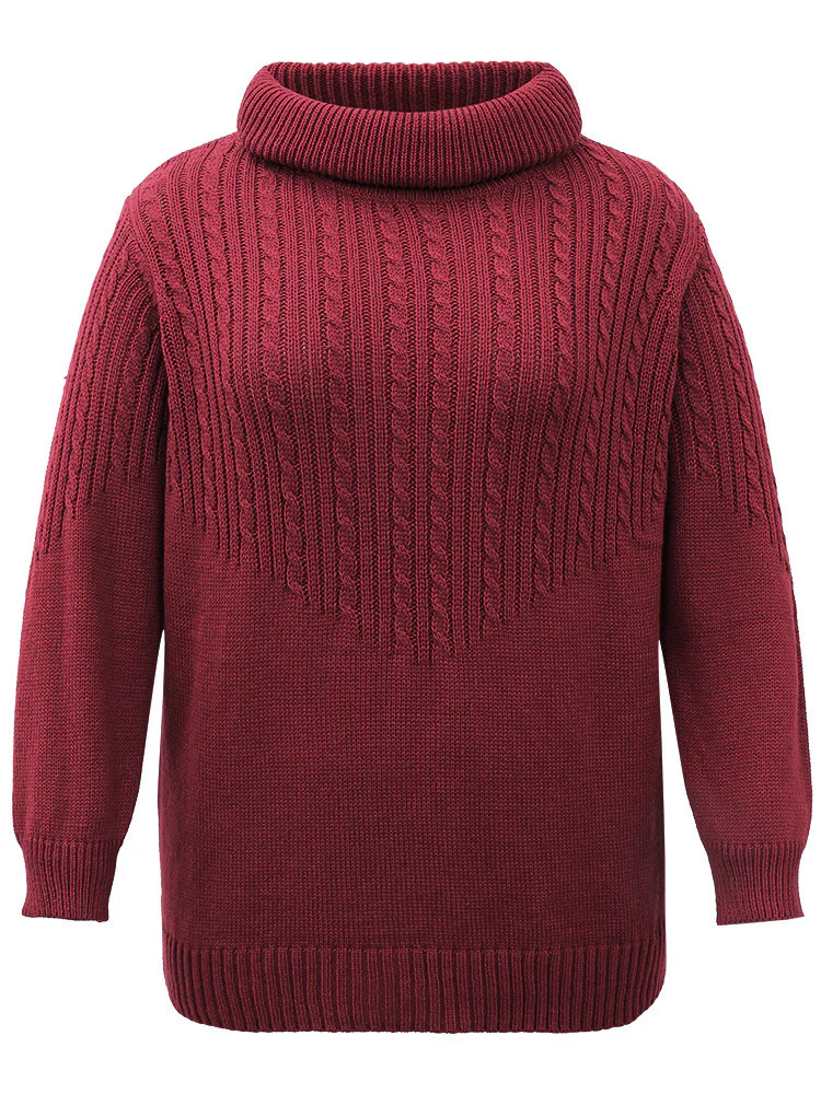 Anti-Pilling Cable Knit Turtle Neck Patchwork Pullover - Image 6