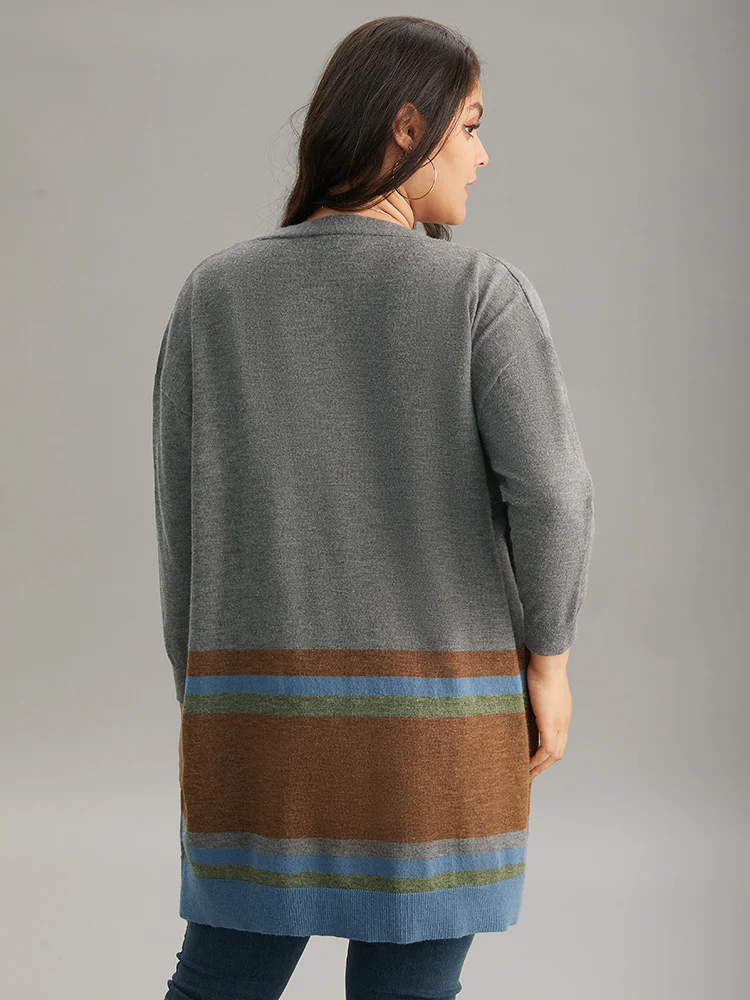 Anti-Pilling Colorblock Contrast Open Front Cardigan - Image 2