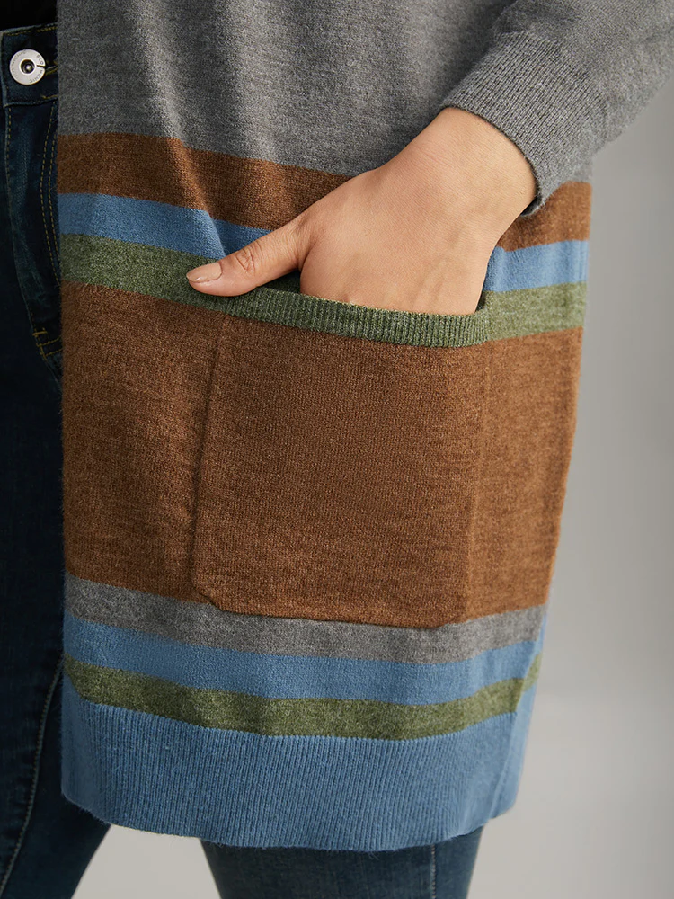 Anti-Pilling Colorblock Contrast Open Front Cardigan - Image 3