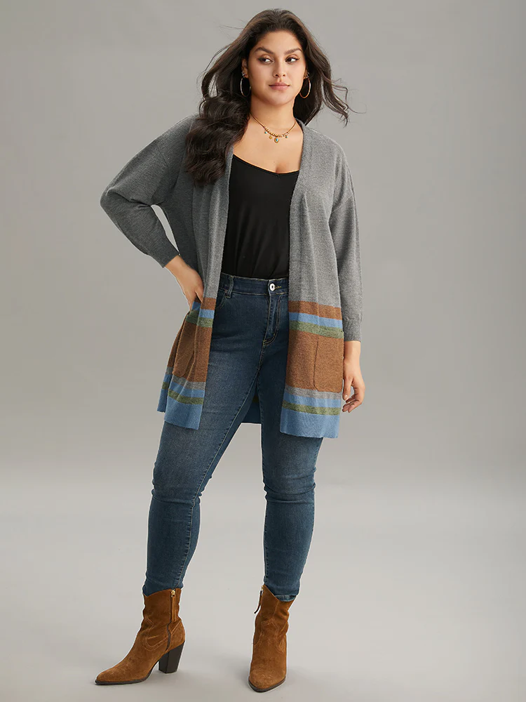 Anti-Pilling Colorblock Contrast Open Front Cardigan - Image 4
