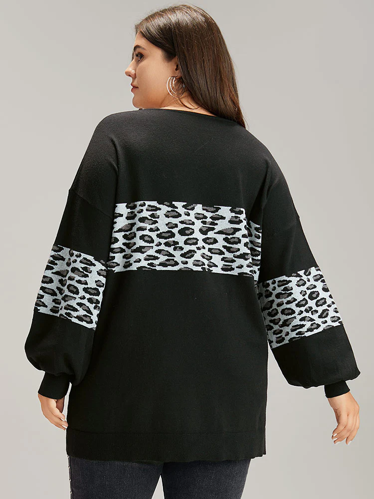 Anti-Pilling Leopard Patchwork Crisscross Neck Pullover - Image 2
