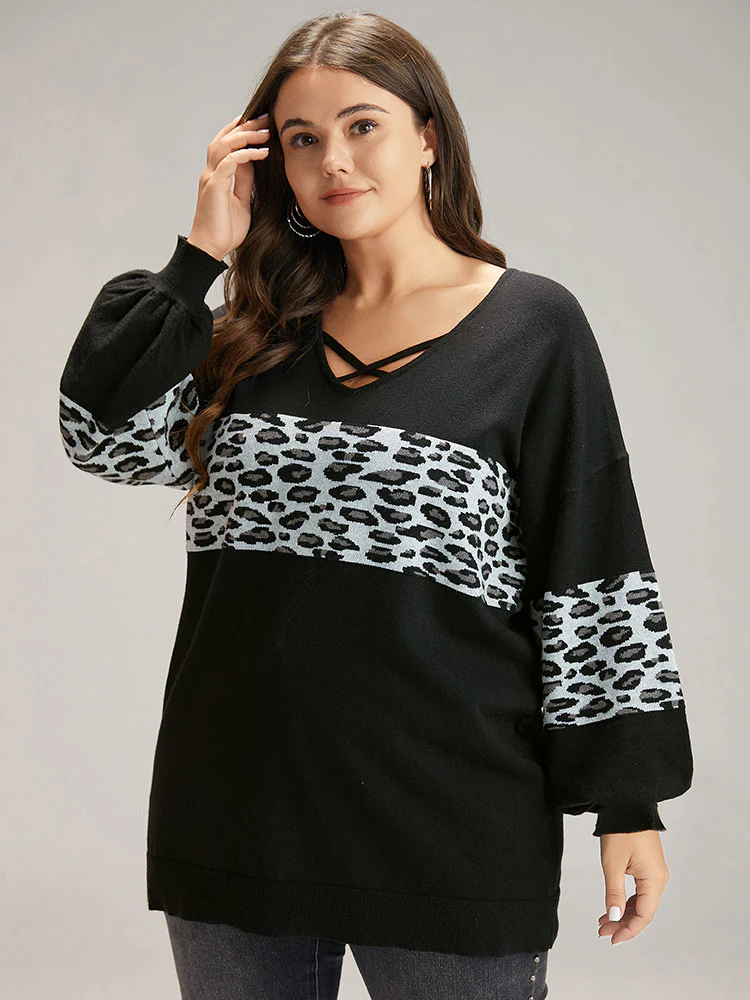Anti-Pilling Leopard Patchwork Crisscross Neck Pullover - Image 3
