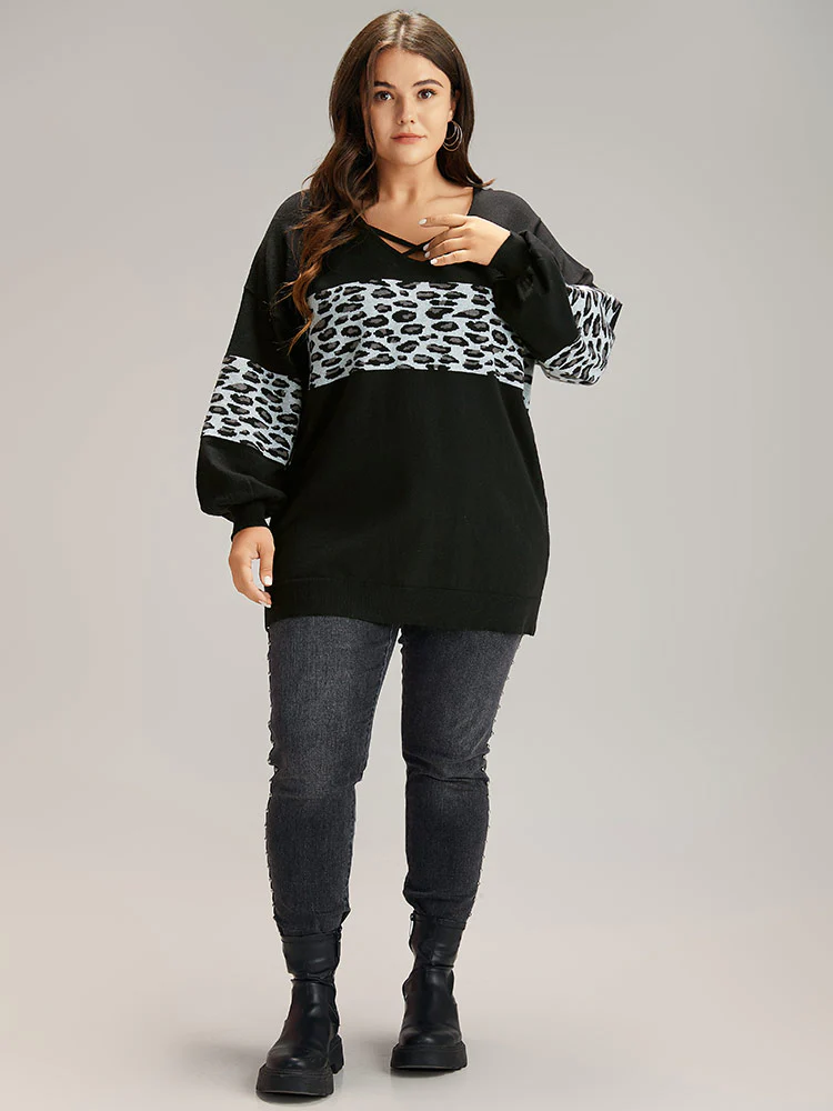 Anti-Pilling Leopard Patchwork Crisscross Neck Pullover - Image 4