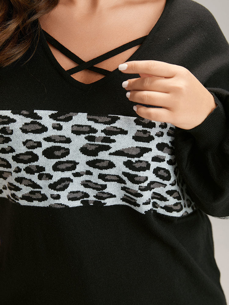 Anti-Pilling Leopard Patchwork Crisscross Neck Pullover - Image 6