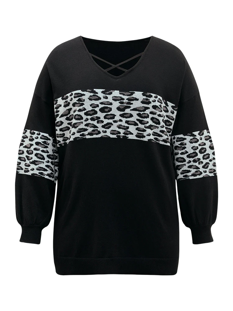 Anti-Pilling Leopard Patchwork Crisscross Neck Pullover - Image 7
