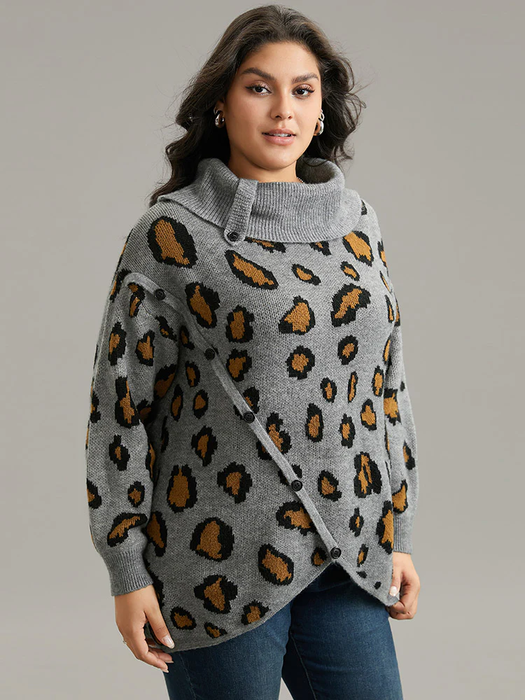 Anti-Pilling Leopard PrintLapel Collar Button Detail Pullover - Image 3