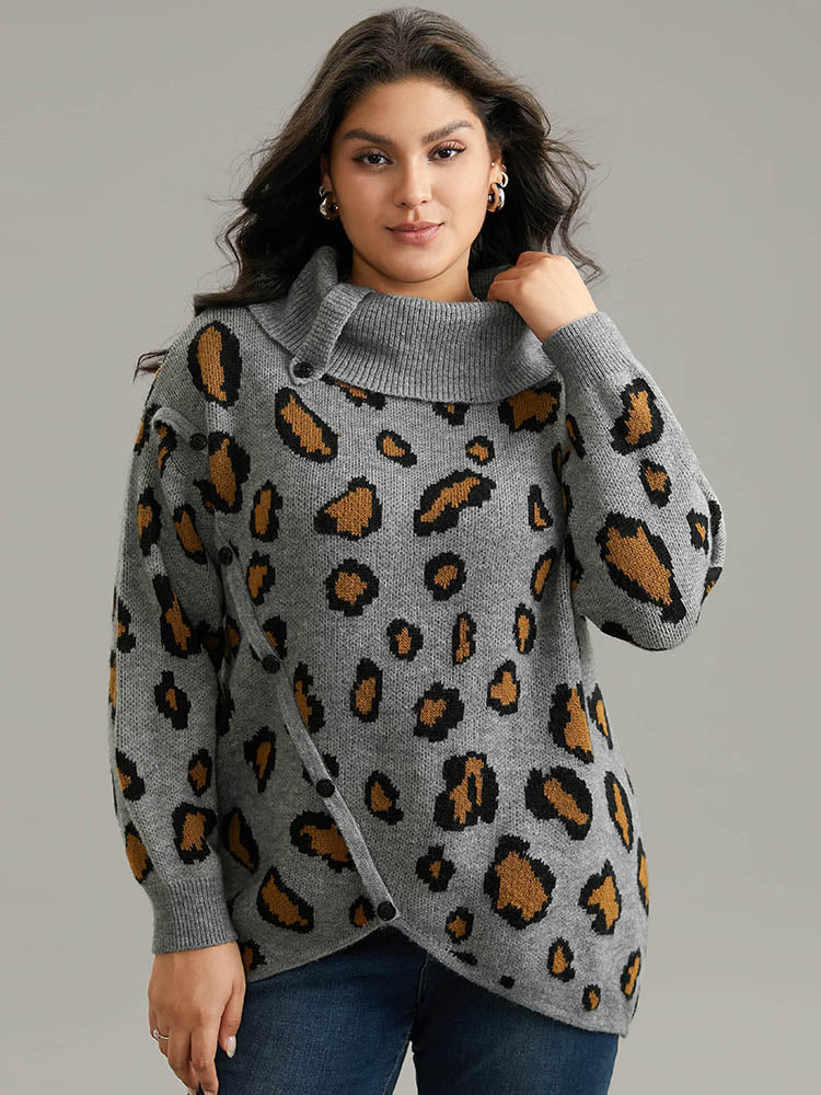 Anti-Pilling Leopard PrintLapel Collar Button Detail Pullover - Image 4