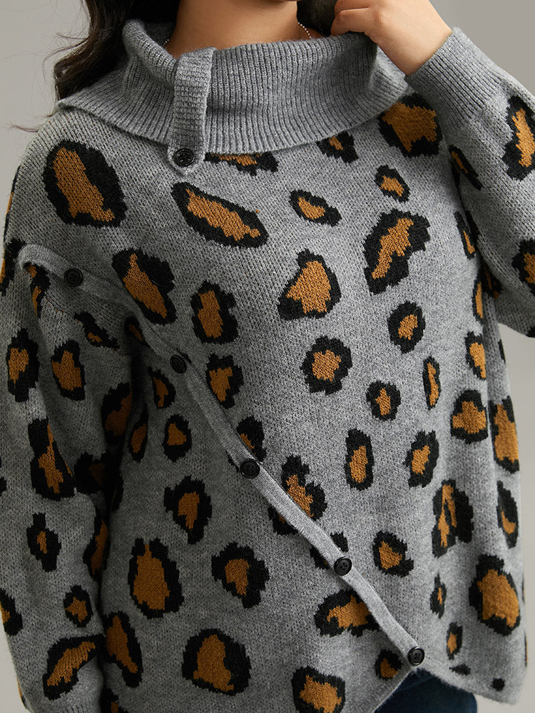 Anti-Pilling Leopard PrintLapel Collar Button Detail Pullover - Image 5