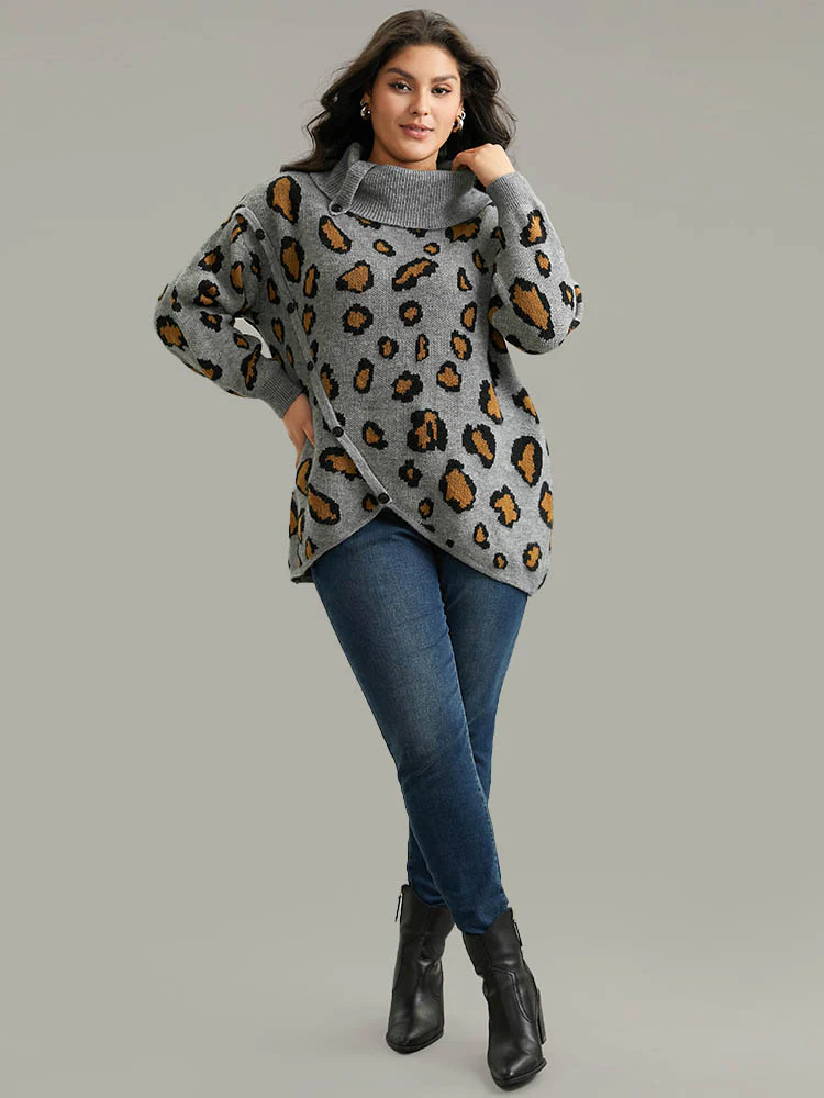 Anti-Pilling Leopard PrintLapel Collar Button Detail Pullover - Image 6
