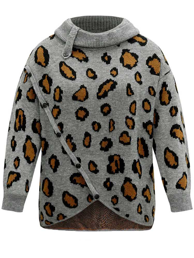 Anti-Pilling Leopard PrintLapel Collar Button Detail Pullover - Image 7